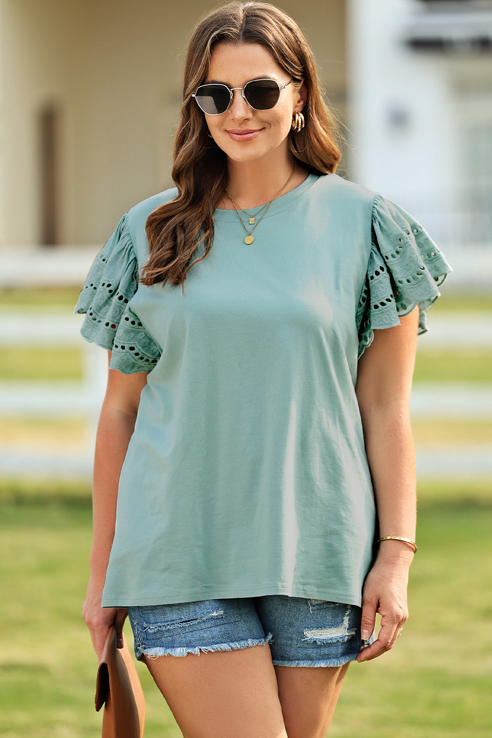 Plus Size Butterfly Sleeve Round Neck Top