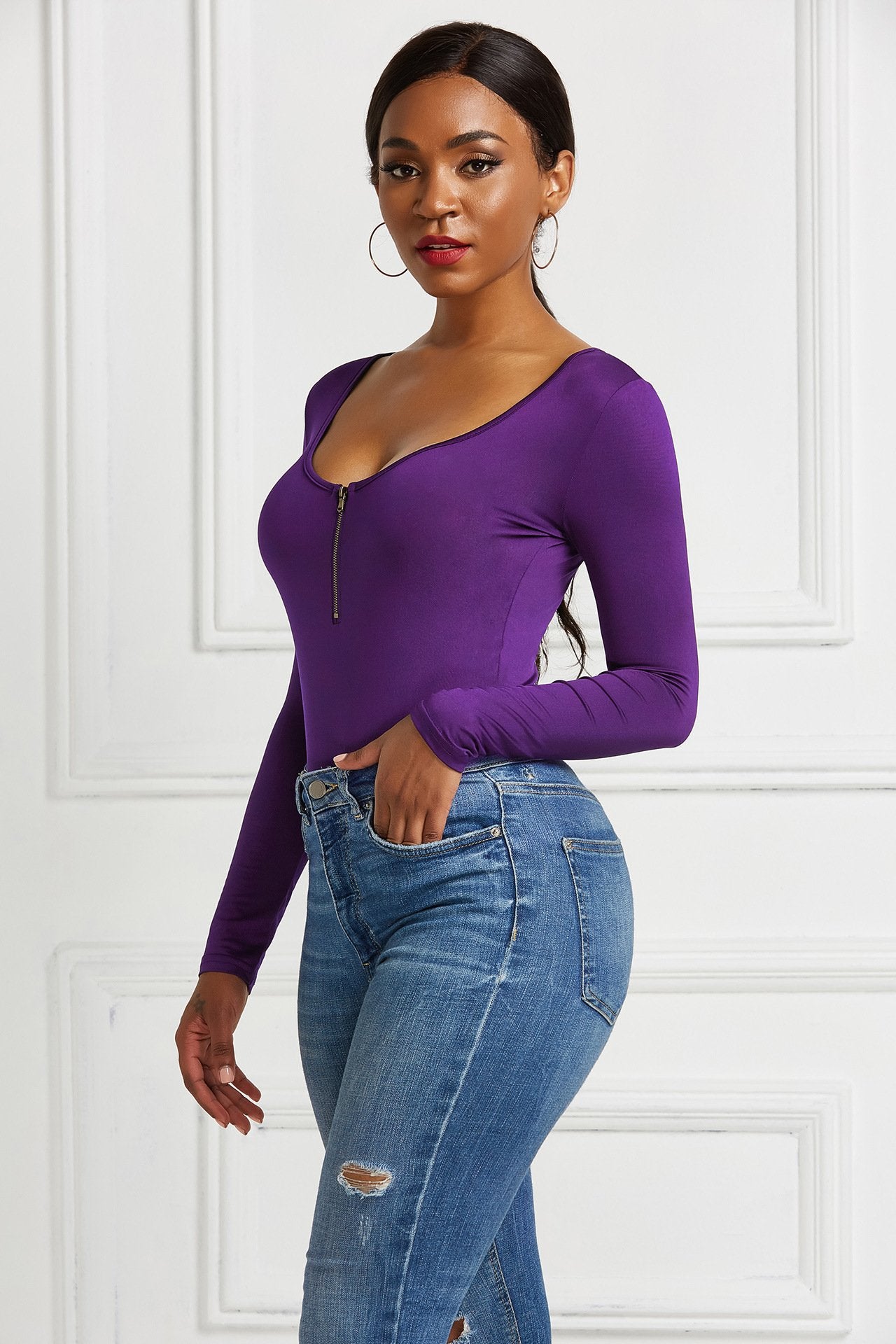 Curvy+ Zipper Front Bodycon Bodysuit - Colors