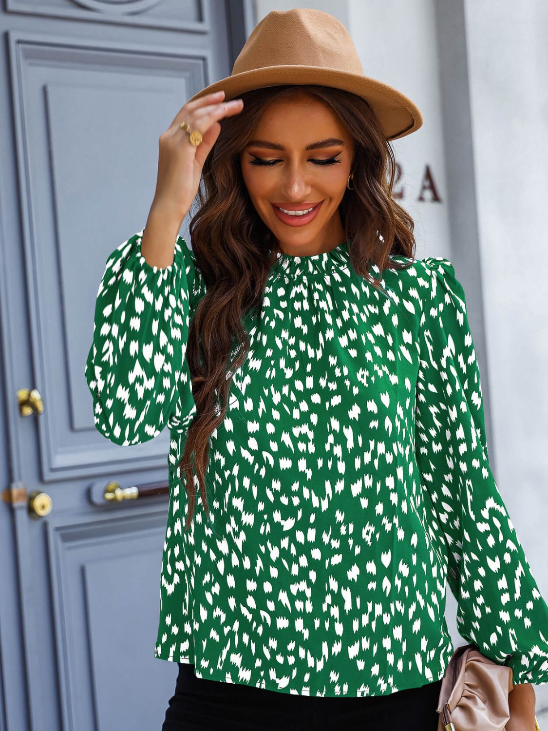 Printed Mock Neck Puff Sleeve Blouse