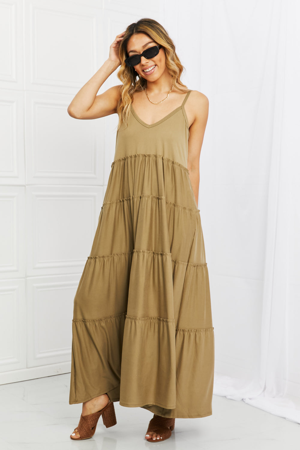 Spaghetti Strap Tiered Dress with Pockets in Khaki