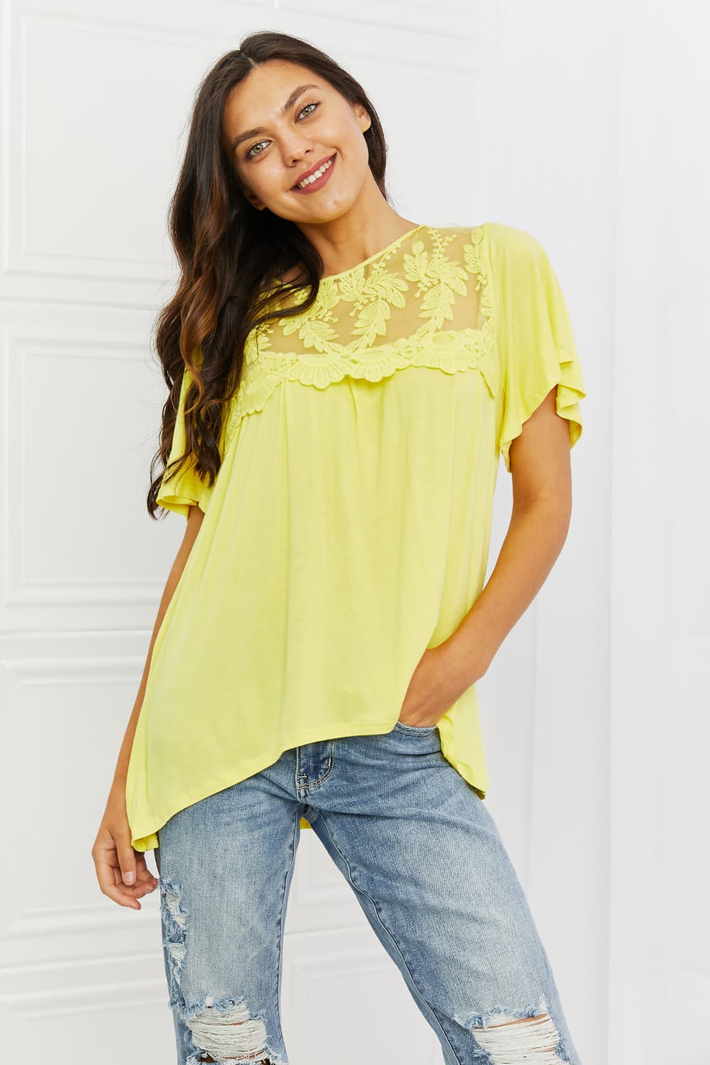 Ready To Go Full Size Lace Embroidered Top in Yellow Mousse