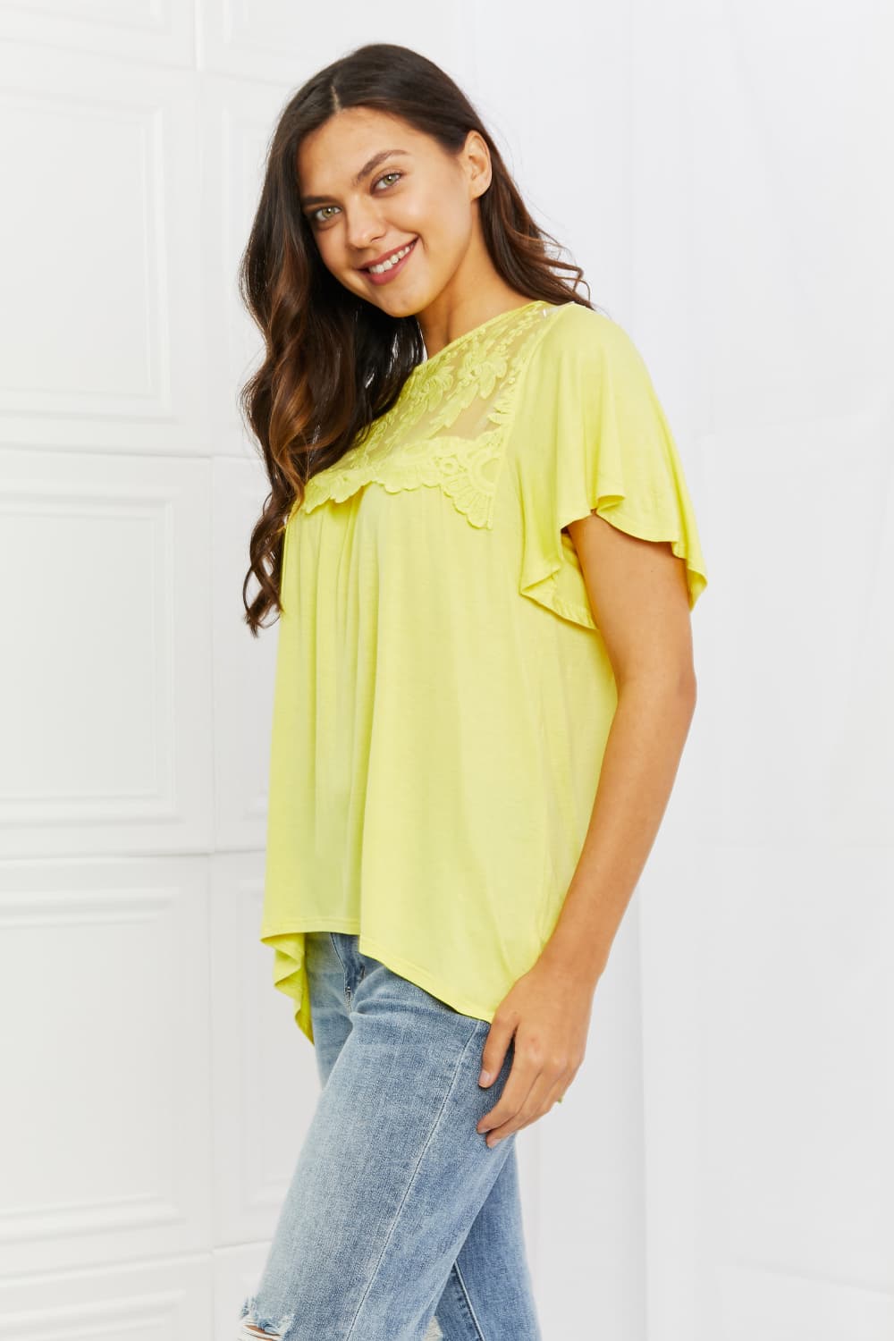 Ready To Go Full Size Lace Embroidered Top in Yellow Mousse